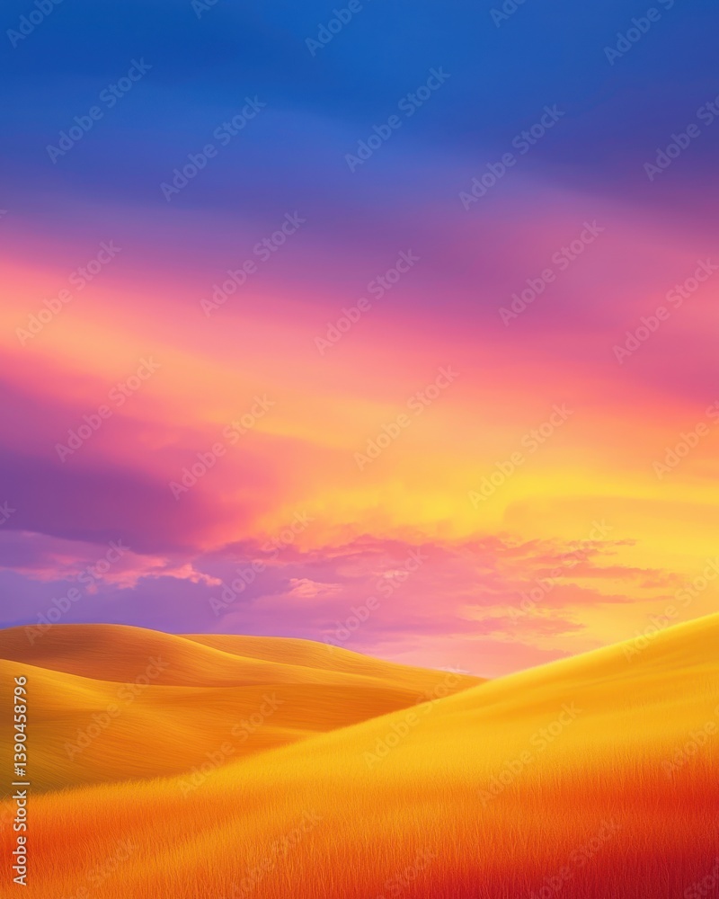 Fototapeta premium Breathtaking Sunset Over Rolling Golden Hills, Vivid Colors and Serene Scenery Capture
