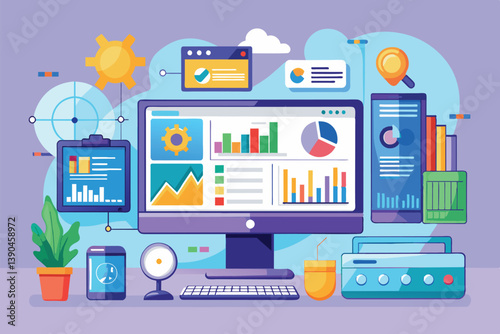 The workspace displays a computer monitor with vibrant graphs and data visualizations, complemented by devices, potted plants, and colorful analytics tools.