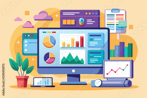 A vibrant workspace features various screens displaying colorful charts, graphs, and data analysis tools while a potted plant adds a touch of nature to the modern office setting.
