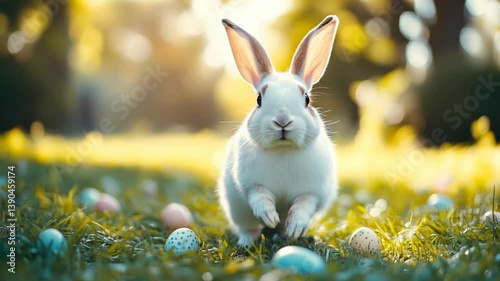 Playful White Rabbit Hopping Through Lush Green Grass Surrounded by Colorful Easter Eggs Under Warm Sunlight