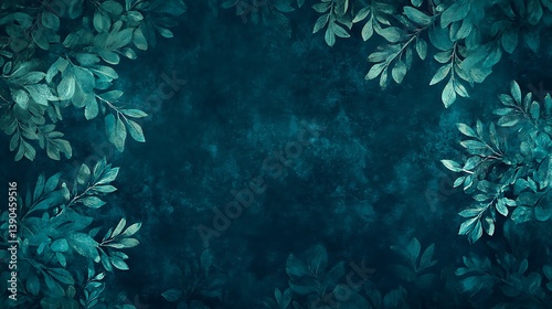 Teal leaves frame on dark textured background.