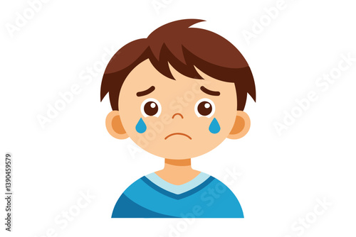 A young boy expresses sadness with tears in his eyes, showcasing a worried look. He is dressed in a blue sweater and designed in a cartoon style.
