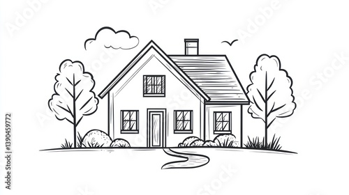 Simple sketch of a house and trees, idyllic countryside scene, use for background, illustrations