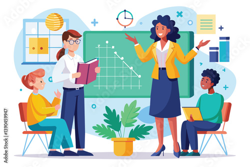 A teacher guides students through a lesson using a graph, while one student reads a book and two others participate actively in the discussion.