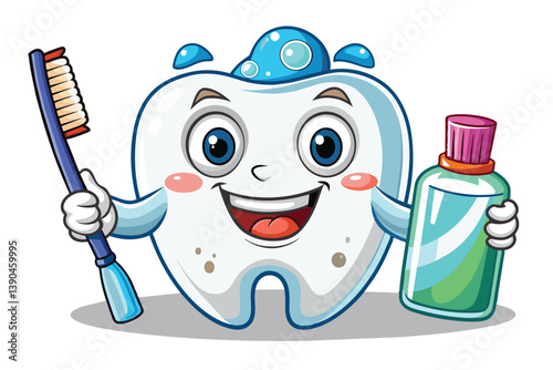 A playful tooth character smiles while holding a toothbrush in one hand and a bottle of mouthwash in the other, encouraging children to maintain good oral hygiene daily.