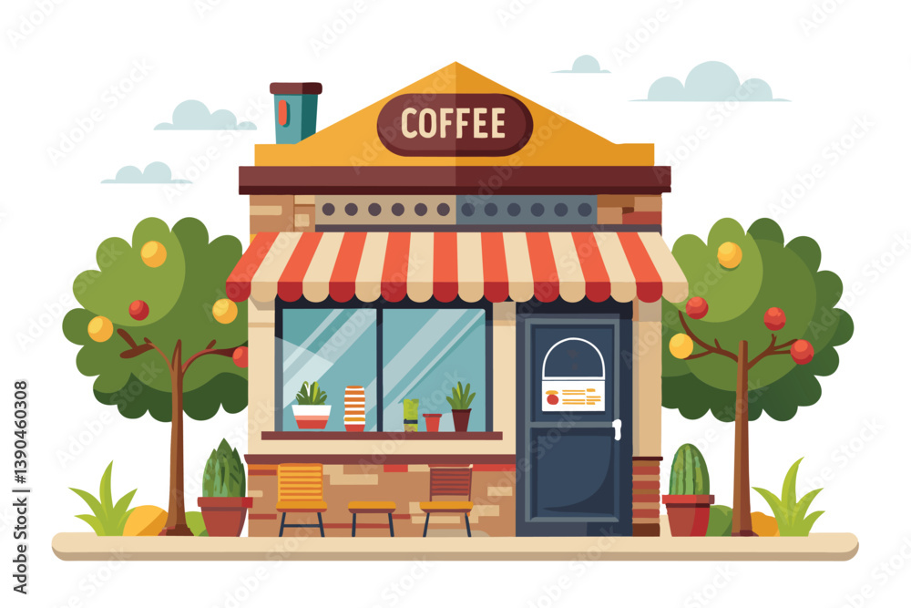 Fototapeta premium A cozy coffee shop with a vibrant awning features outdoor seating surrounded by lush plants and trees, inviting visitors to enjoy a sunny day.