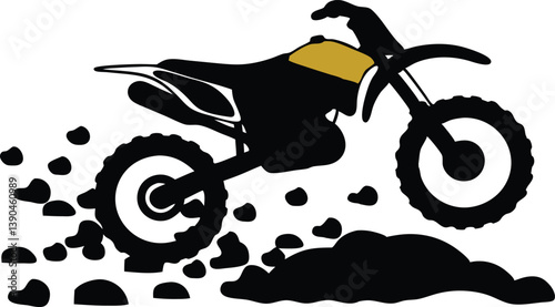 A gritty illustration of a yellow and black dirt bike in motion, with a textured effect showing a cloud of dust and debris trailing behind it