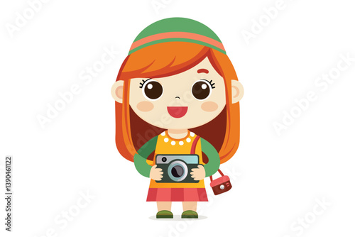 A young girl with bright orange hair and a green hat smiles while holding a camera. She wears an orange dress and is set to capture joyful moments creatively.