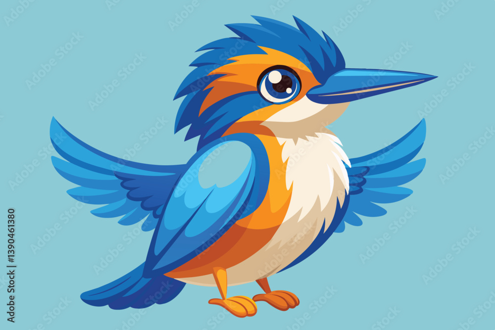 Obraz premium A cheerful cartoon kingfisher with striking blue and orange feathers stands proudly, its wings outspread, conveying joy in a playful and colorful style suitable for kids.
