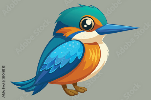 This lively cartoon kingfisher features bright blue and orange plumage while standing confidently on its small feet, ready to take flight.
