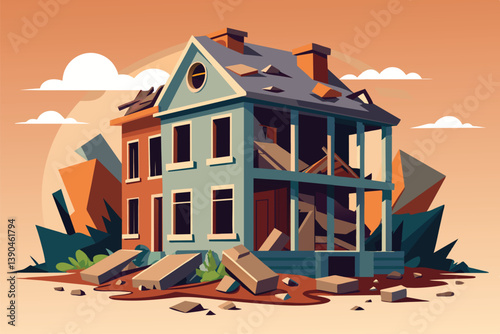 An old house shows severe structural damage with broken walls and debris scattered around, framed by a colorful sunset that enhances its abandoned appearance.
