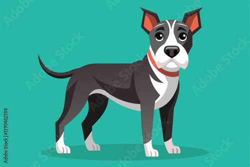 A cheerful cartoon dog with black and white fur stands upright on a vivid green backdrop, exhibiting a playful expression and alert posture, ready for interaction.