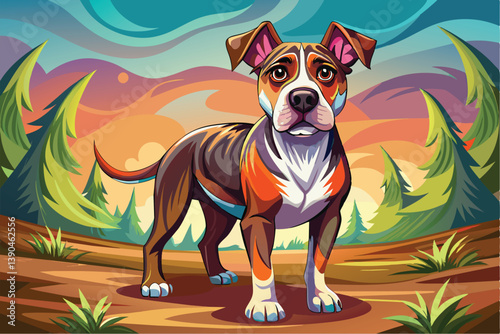 A cheerful dog with a striking coat stands on a dirt path amid lush trees, basking in the warm glow of the sunset, creating a lively outdoor atmosphere.