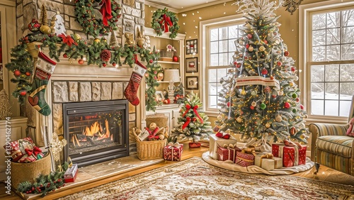 Festive holiday living room with a decorated Christmas tree, cozy fireplace, and beautifully wrapped gifts creating a warm, joyful atmosphere.