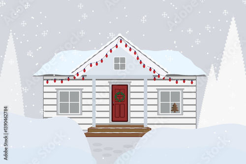 Cozy winter house with snow-covered roof, red door wreath, holiday lights and snowfall background. Hand-drawn illustration of a festive home in snowy landscape for Christmas or winter theme Copy space