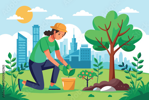 A person kneels on the grass, planting a young tree in a pot while surrounded by greenery and buildings under a clear blue sky, promoting urban greening efforts.