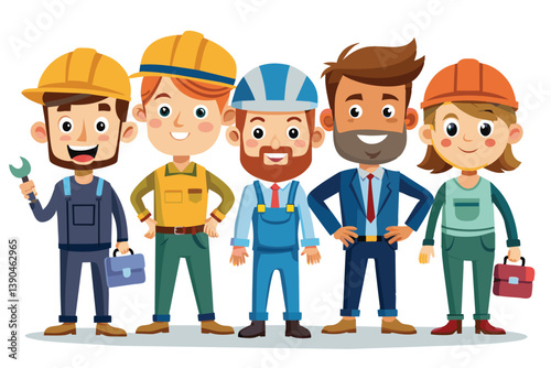 A team of construction workers and engineers stands together, showcasing camaraderie and professionalism, dressed in safety gear and work attire, ready for the day's challenges.