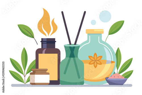 A collection of aromatic essential oils and natural ingredients is arranged with bamboo sticks and green leaves, emphasizing wellness and relaxation for personal care practices.