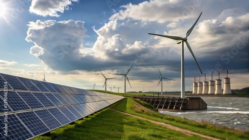 solar panels and wind turbines for sustainable power generation, Generetive AI
