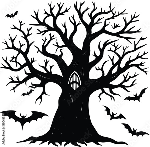 Hollow Tree with Bats Silhouette Vector