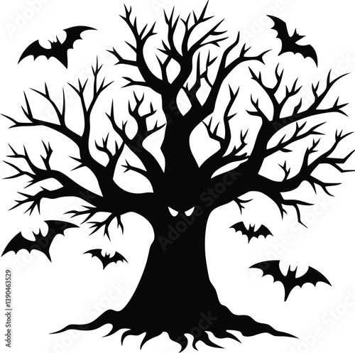 Hollow Tree with Bats Silhouette Vector