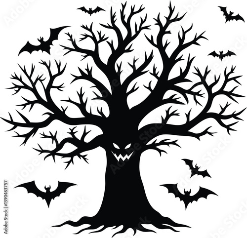 Hollow Tree with Bats Silhouette Vector