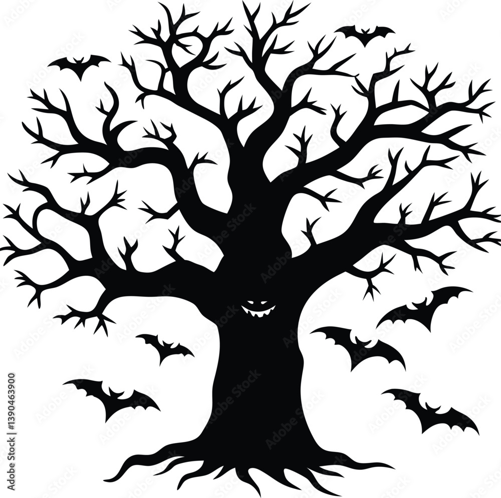 Hollow Tree with Bats Silhouette Vector Hollow Tree with Bats Silhouette Vector