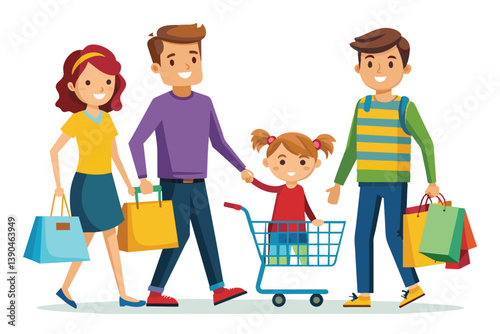 A family enjoys a shopping outing, with parents carrying bags while a young girl excitedly holds onto the shopping cart. Their smiles reflect the fun of spending time together.