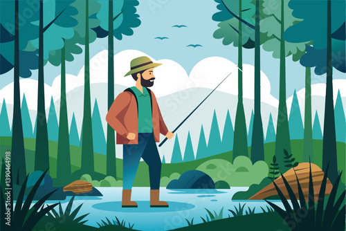A man is standing in a tranquil forest stream, holding a fishing rod while surrounded by tall greenery and distant mountains under a bright sky.