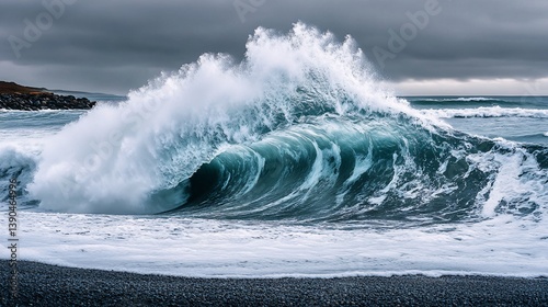 Massive ocean wave crashing on rocky shoreline during stormy weather