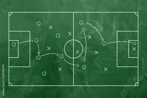 Football soccer game plan strategy, coaching in sport concept, top view green field.
