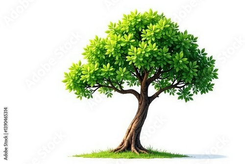 Single isolated tree branch stretching towards the top against white background, wood grain, leafy, white background