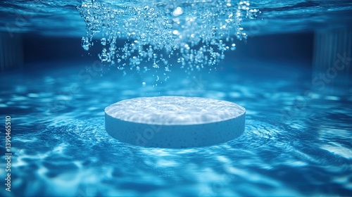 Disinfectant tablet dissolving in clear blue water creating bubbles
