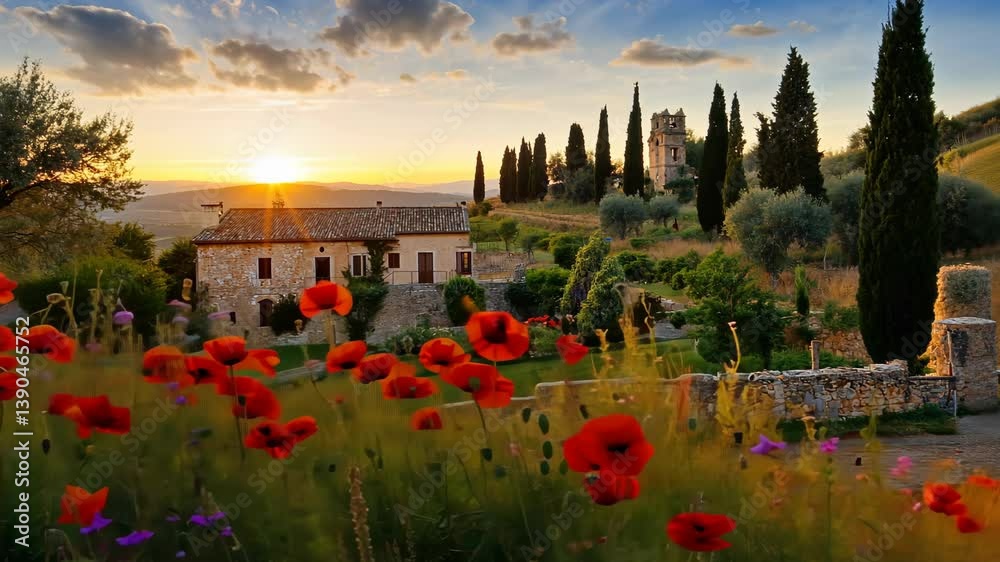 Scenic sunset over a Tuscan villa with blooming flowers and ancient cypress trees in the foreground