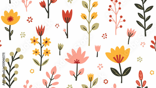 Seamless pattern with Summer flowers, Hand drawn Flowers and branches in Scandinavian style	