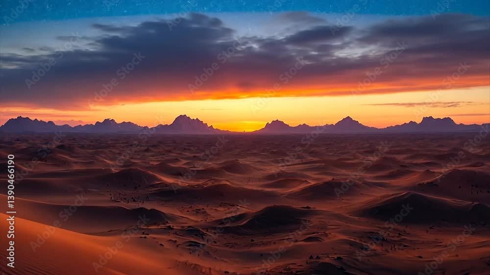Vibrant sunset casting fiery hues across a vast, undulating desert landscape Vibrant sunset casting fiery hues across a vast, undulating desert landscape