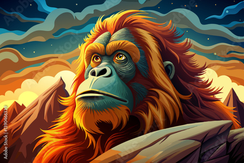 Sumatran Orangutan portrait on an alien rock formation under a strange colored sky, animal banner