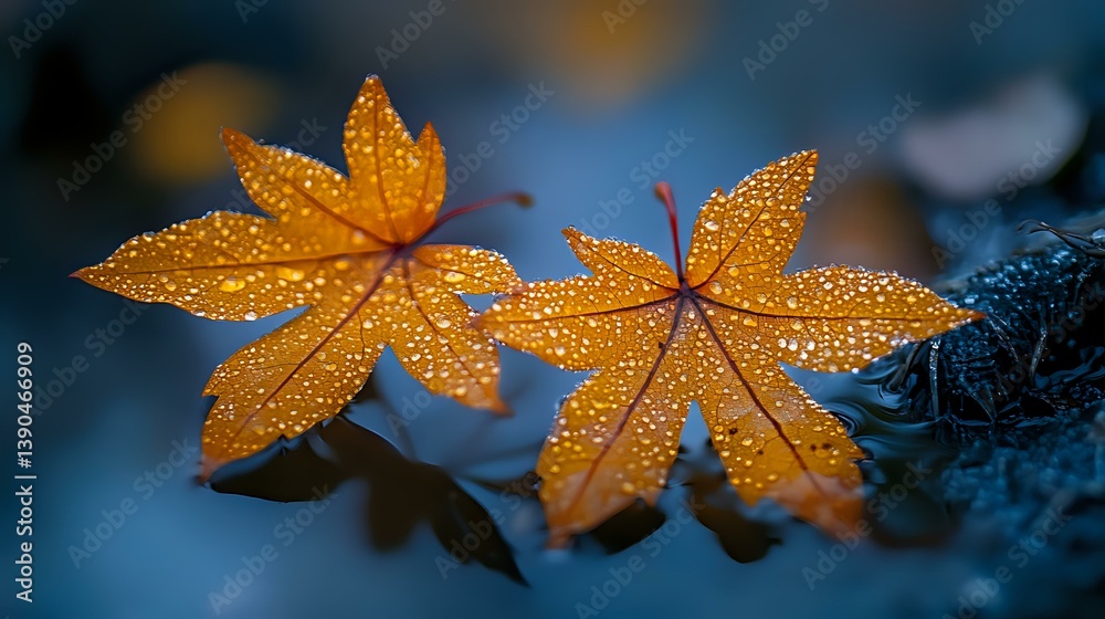 Vibrant orange maple leaves covered in morning dew drops against blurred dark blue background create atmospheric autumn mood with bokeh light effects. Vibrant orange maple leaves covered in morning dew drops against blurred dark blue background create atmospheric autumn mood with bokeh light effects.