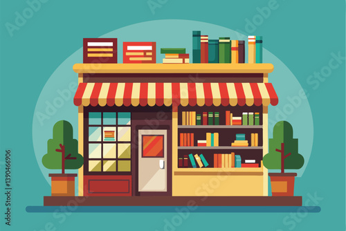 A quaint bookshop displays its inviting entrance featuring a colorful awning, neatly lined shelves, and potted greenery, creating a warm, welcoming atmosphere.