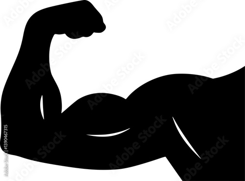 Black silhouette, flexed bicep, muscular arm, strength symbol, fitness icon, simple design, minimalist illustration, strong contours, bodybuilding emblem, power representation, vector graphic
