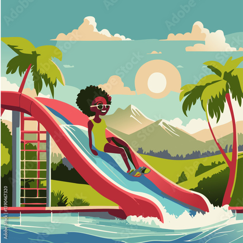 Colorful water slide splashing into a pool surrounded by green plants under blue sky, perfect for summer fun, recreation, and outdoor adventure themes

