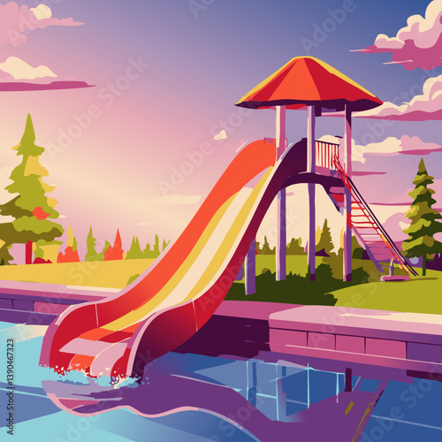 Colorful water slide splashing into a pool surrounded by green plants under blue sky, perfect for summer fun, recreation, and outdoor adventure themes

