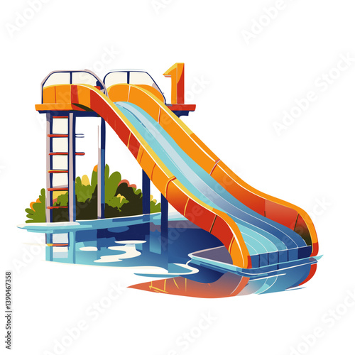 Colorful water slide splashing into a pool surrounded by green plants under blue sky, perfect for summer fun, recreation, and outdoor adventure themes

