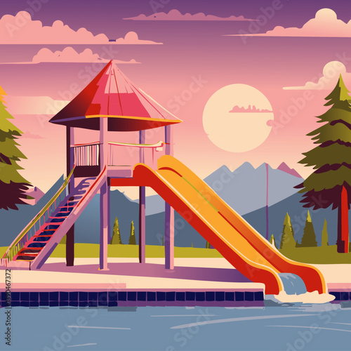 Colorful water slide splashing into a pool surrounded by green plants under blue sky, perfect for summer fun, recreation, and outdoor adventure themes

