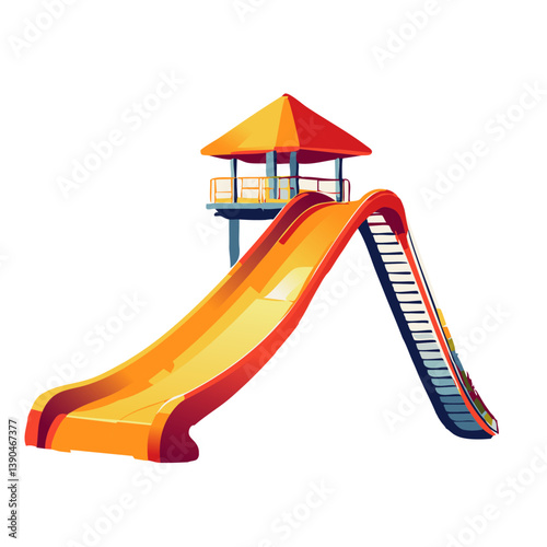 Colorful water slide splashing into a pool surrounded by green plants under blue sky, perfect for summer fun, recreation, and outdoor adventure themes

