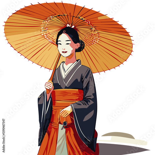 Elegant woman wearing traditional Japanese kimono and holding a paper umbrella, isolated on white background, perfect for culture, tradition, and travel themes

