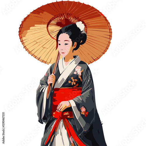 Elegant woman wearing traditional Japanese kimono and holding a paper umbrella, isolated on white background, perfect for culture, tradition, and travel themes

