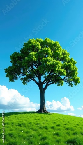Single majestic tree against a clear blue sky, solitary, clouds