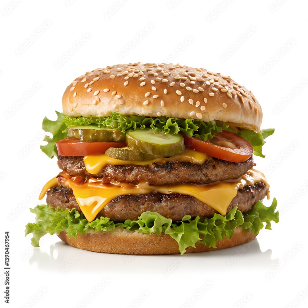 A juicy double cheeseburger with sesame seed bun, fresh lettuce, tomato, pickles, melted cheddar cheese, and grilled beef patties, A juicy double cheeseburger with sesame seed bun, fresh lettuce, tomato, pickles, melted cheddar cheese, and grilled beef patties,