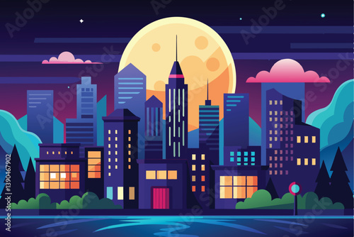 A stylized city skyline at night, featuring modern buildings against a bright yellow moon and colorful clouds, evoking a serene atmosphere.